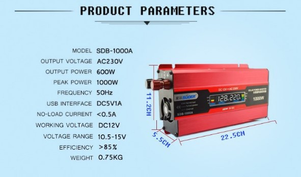 อินเวอร์เตอร์ 12V 1000W รุ่น SDB-1000A